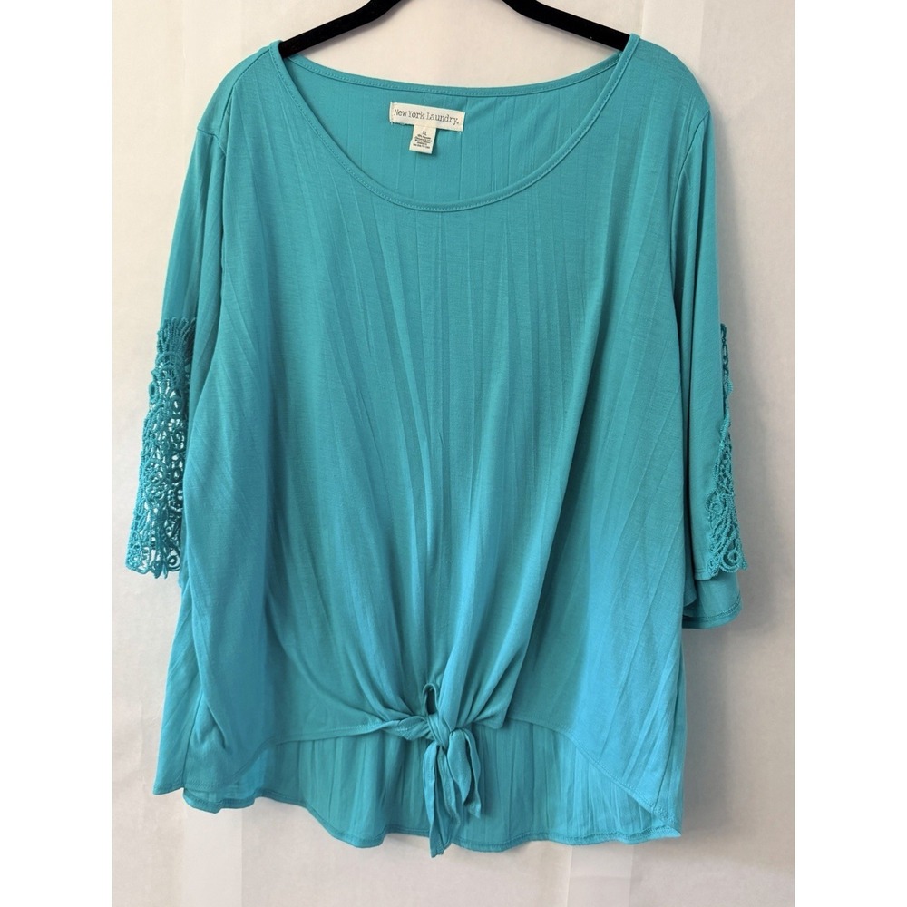 New York Laundry Women's Flowy Tie-Front Top Teal Size XL